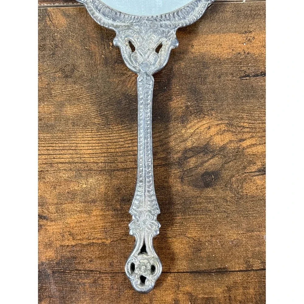 Vintage Ornate Silver Tone Handheld Vanity Mirror Embossed Floral Scrollwork